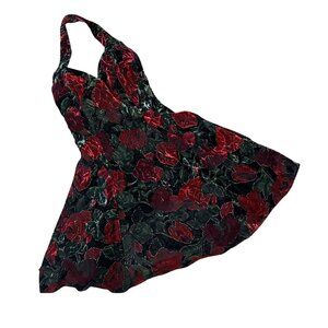 Vintage Velvet Floral Halter Dress Y2K Rampage USA Size 5 Black Red Formal Party